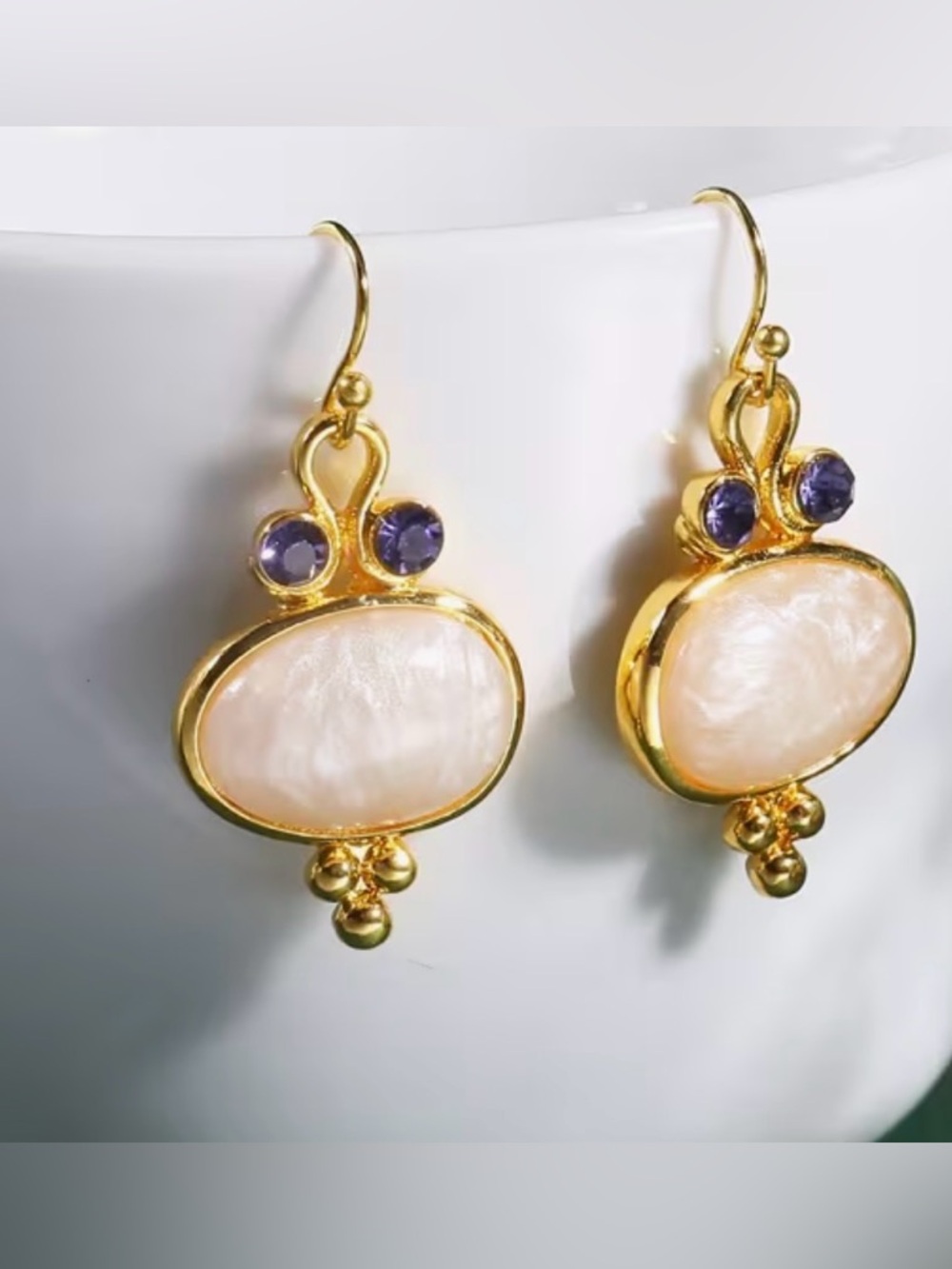 Gold Drop Earrings Pearl Oval Purple CZ Boho Artisan Statement